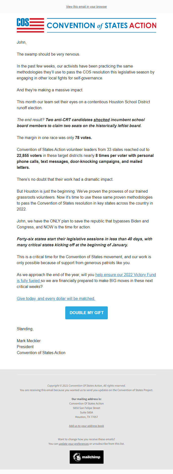 Screenshot of the email generated on import