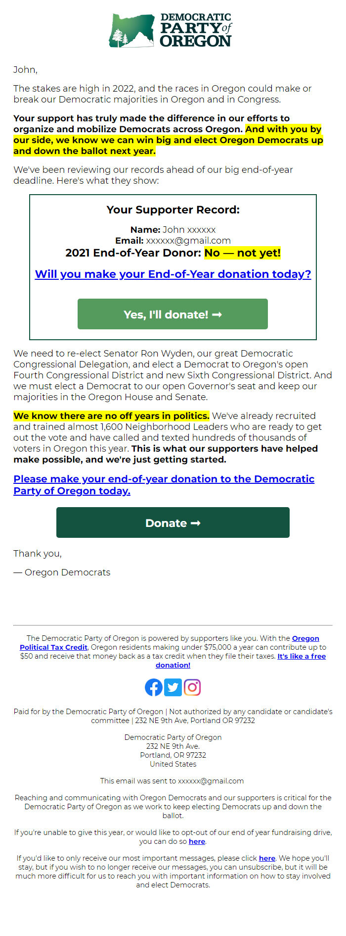 Screenshot of the email generated on import