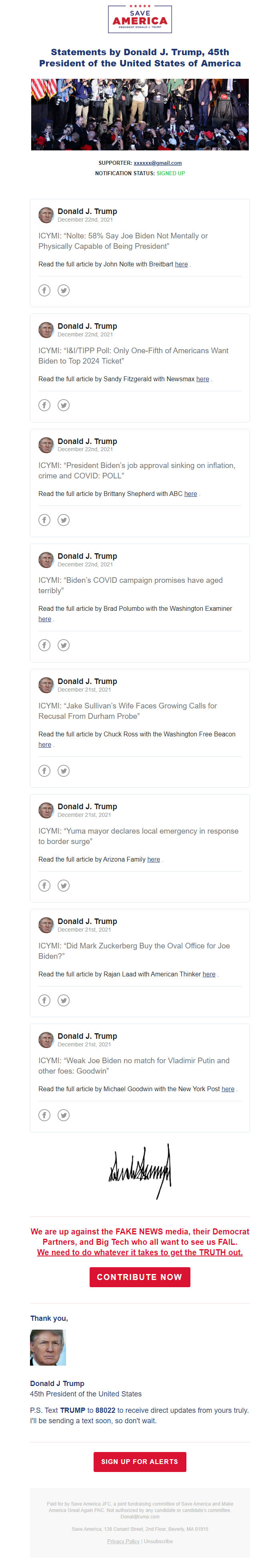 Screenshot of the email generated on import