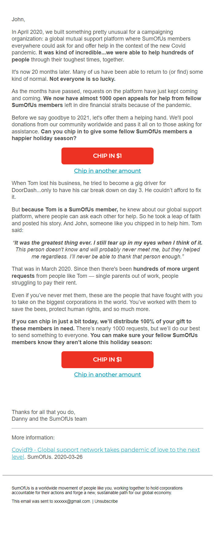 Screenshot of the email generated on import