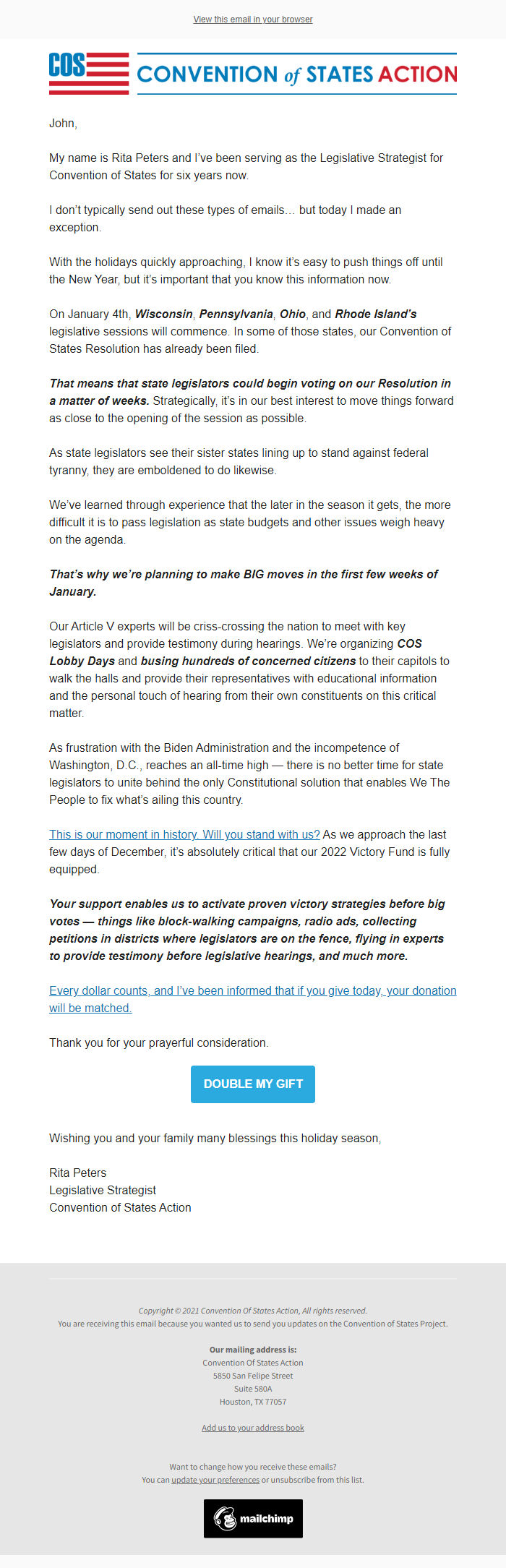 Screenshot of the email generated on import