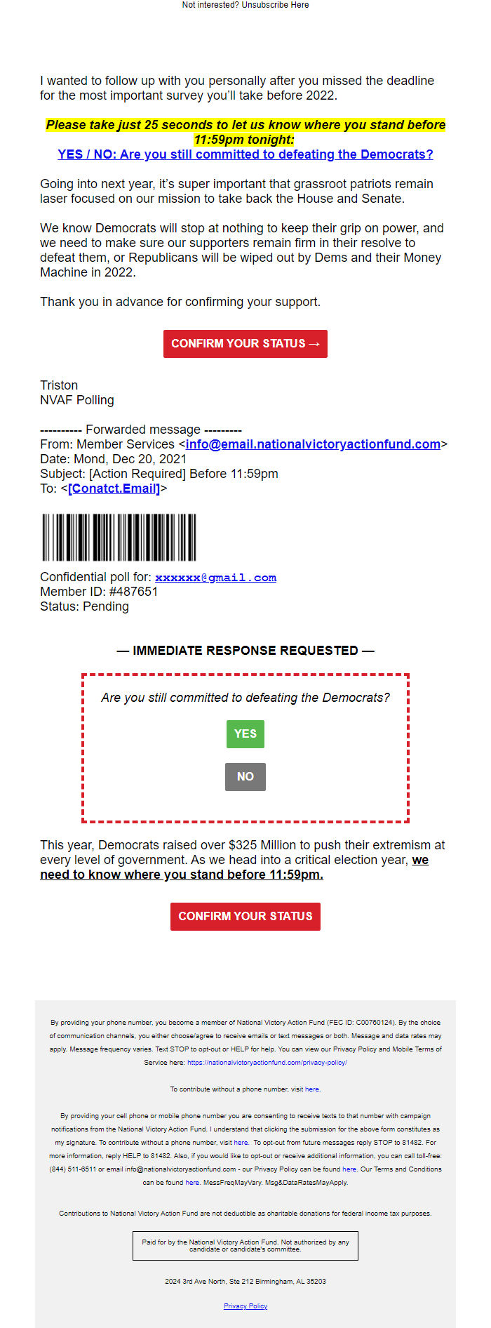 Screenshot of the email generated on import