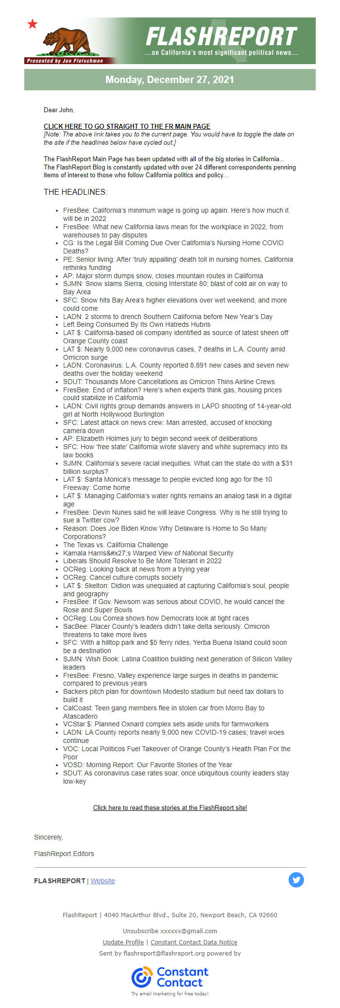 Screenshot of the email generated on import