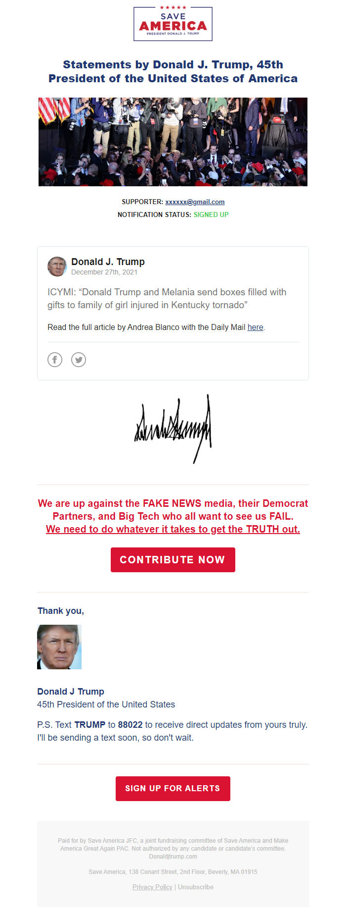 Screenshot of the email generated on import