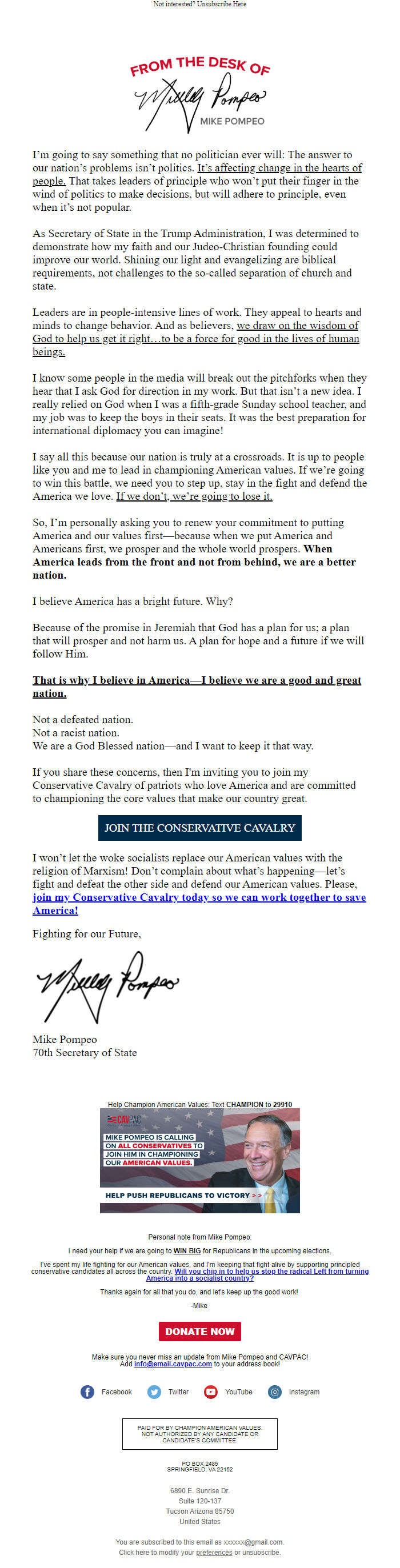 Screenshot of the email generated on import