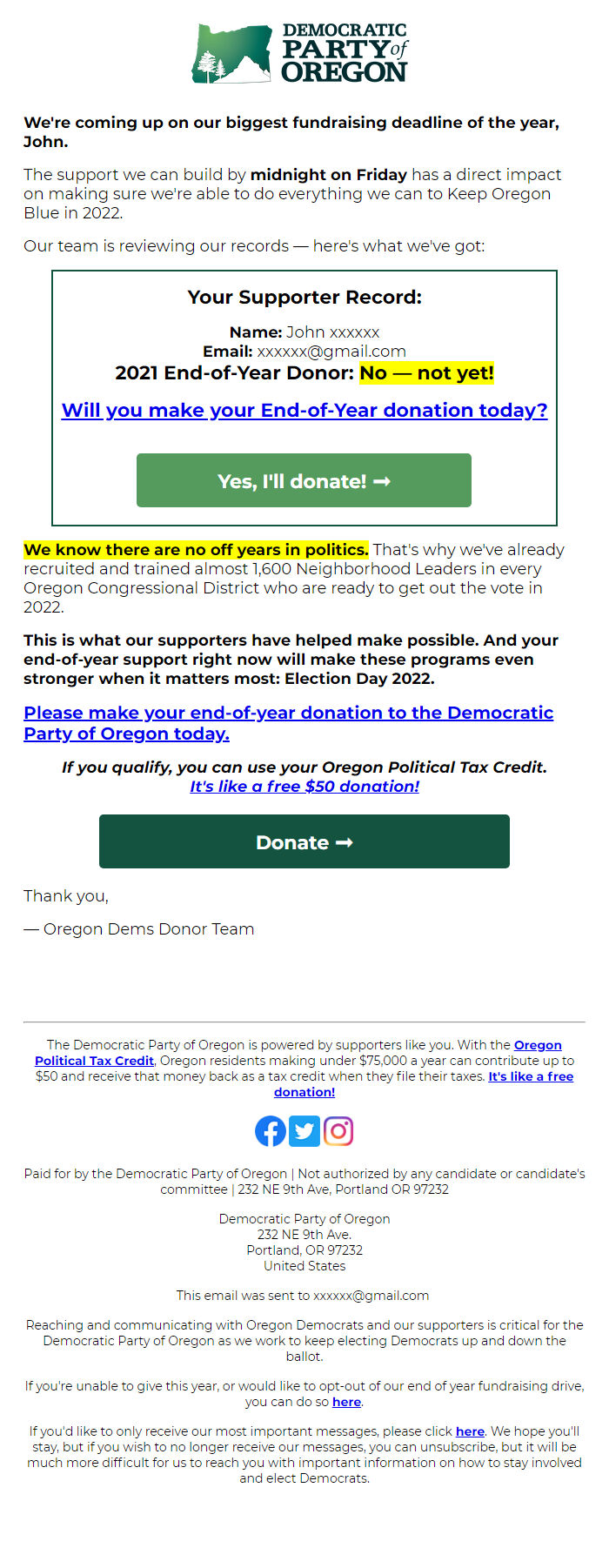 Screenshot of the email generated on import