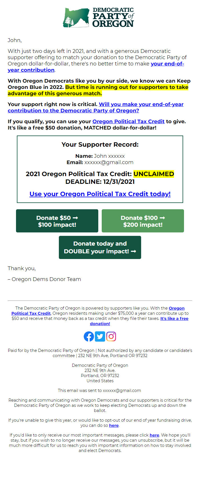 Screenshot of the email generated on import