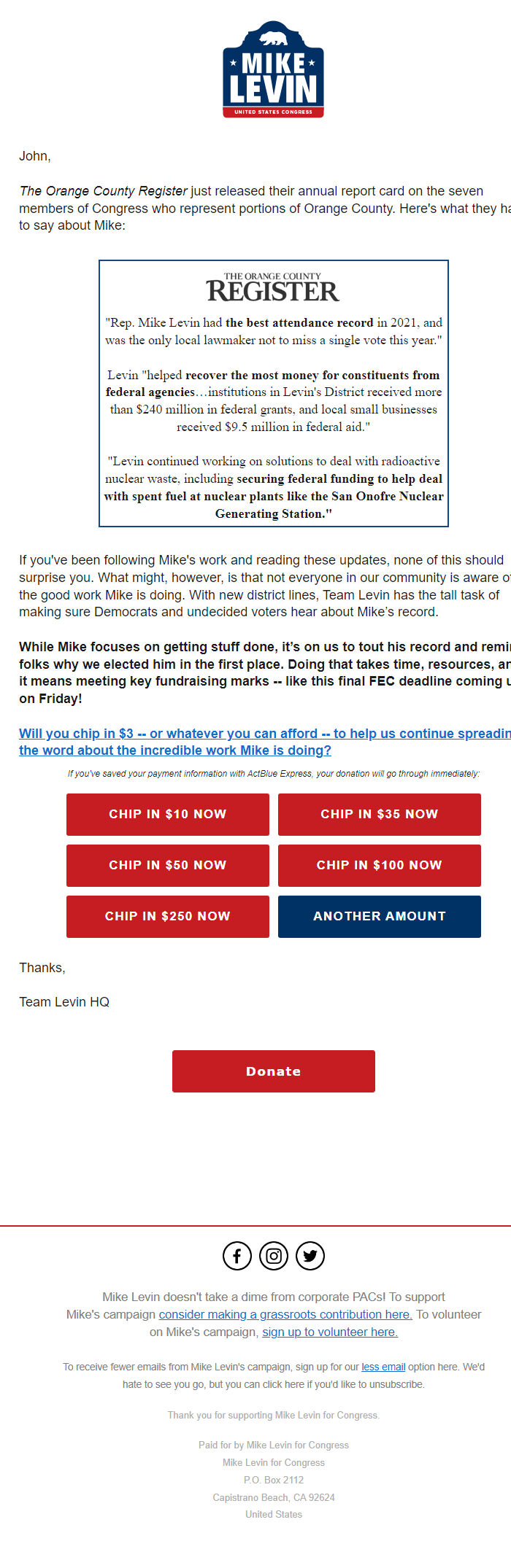 Screenshot of the email generated on import