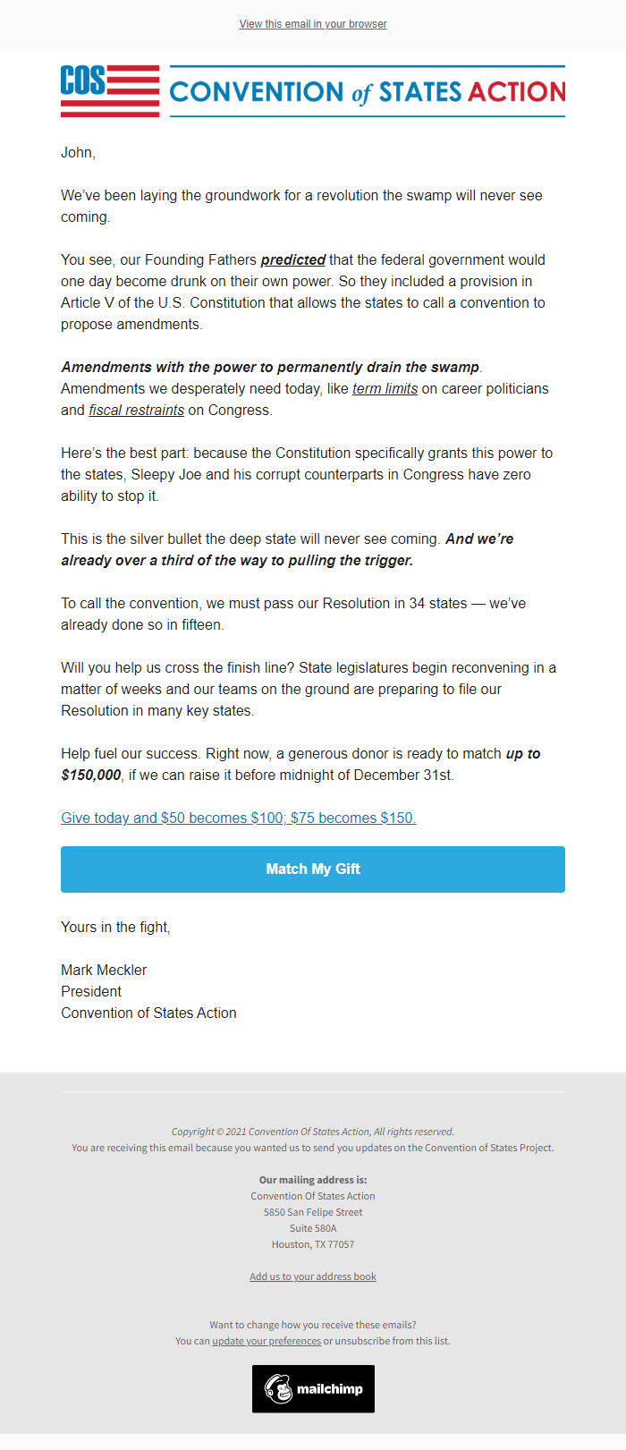 Screenshot of the email generated on import