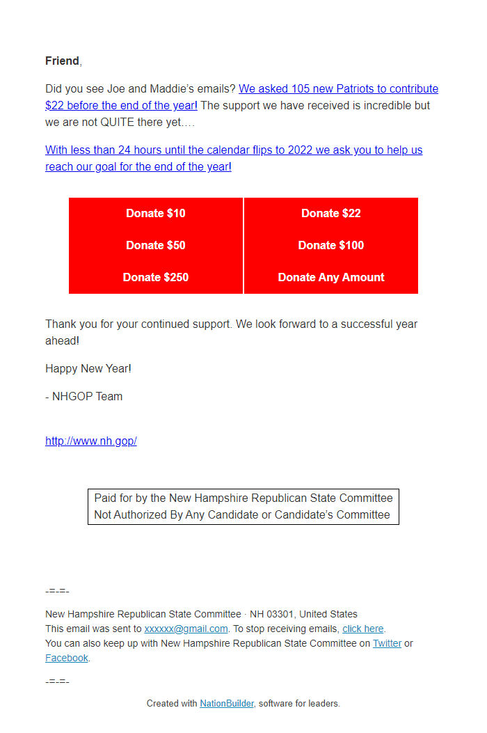 Screenshot of the email generated on import