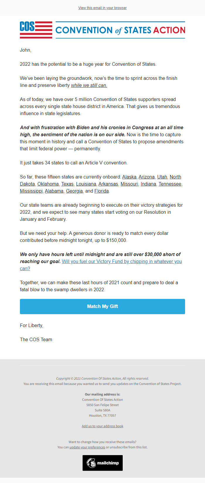 Screenshot of the email generated on import
