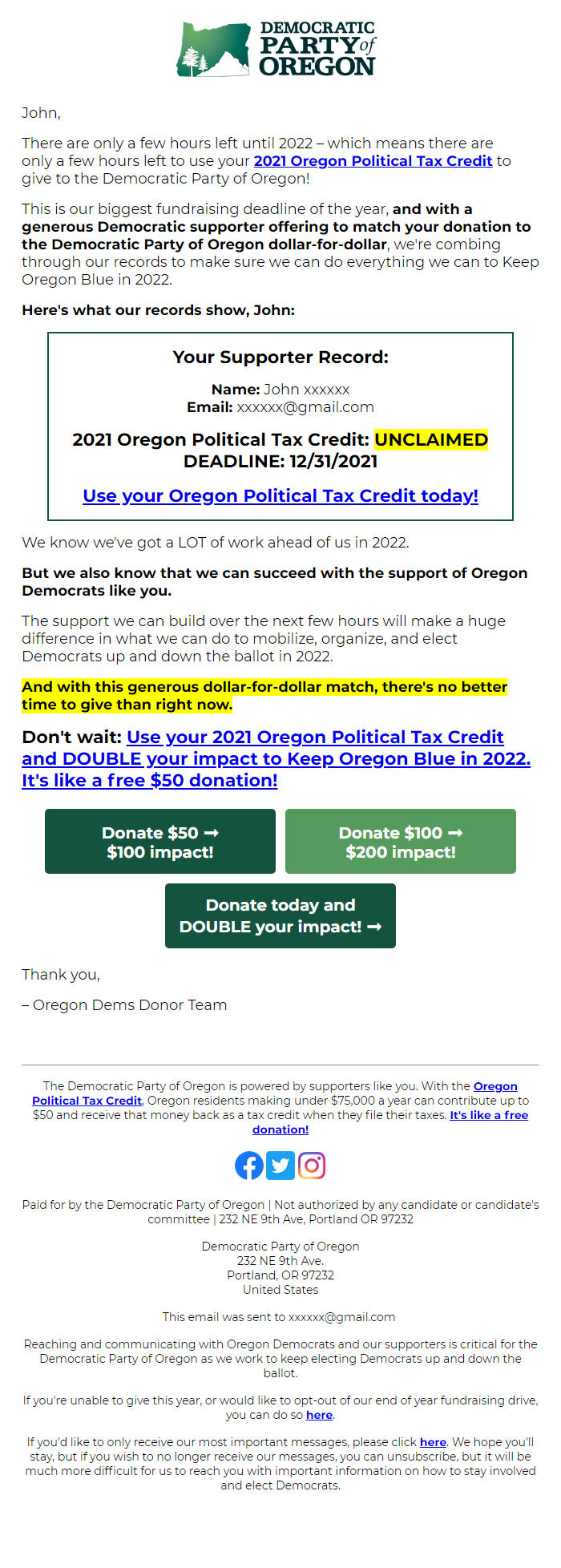 Screenshot of the email generated on import