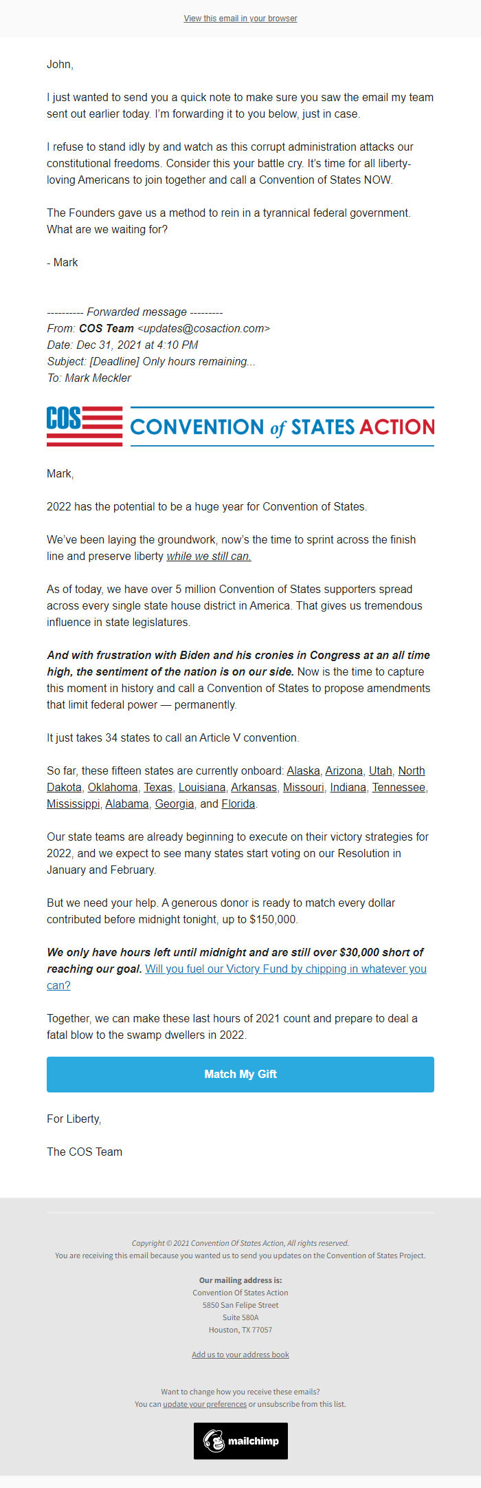 Screenshot of the email generated on import
