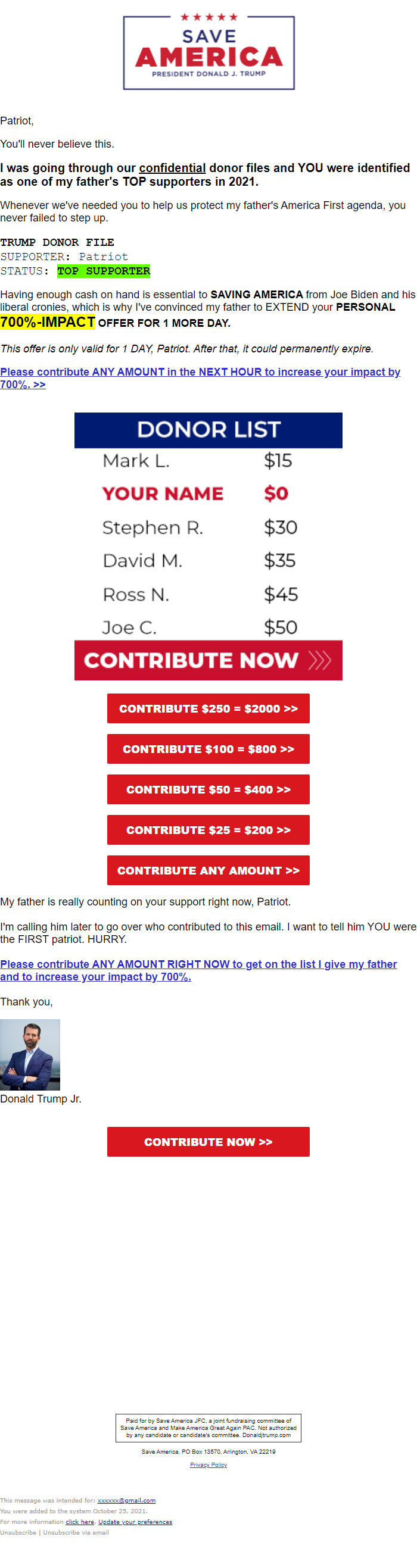 Screenshot of the email generated on import