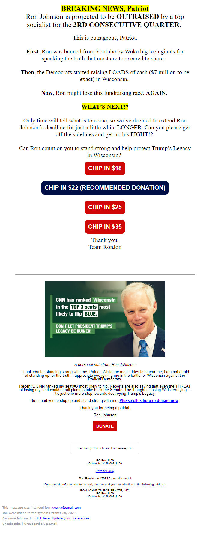 Screenshot of the email generated on import