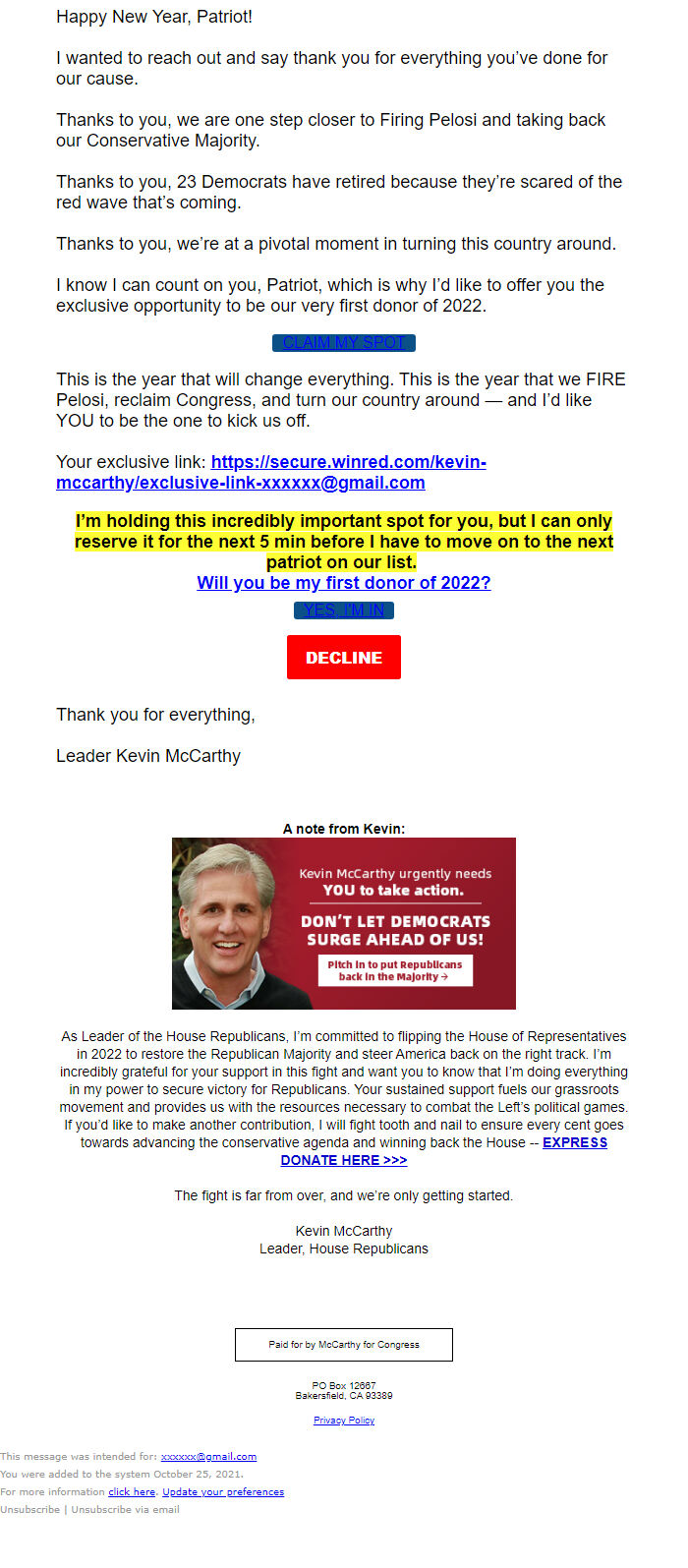 Screenshot of the email generated on import