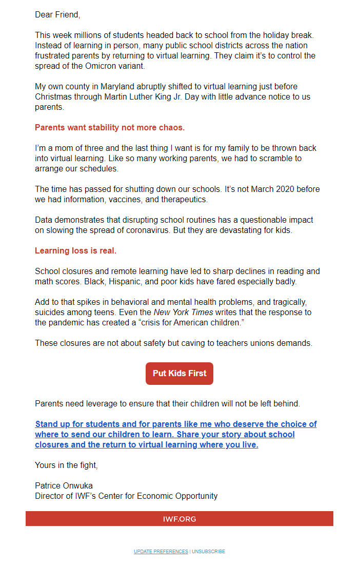 Screenshot of the email generated on import