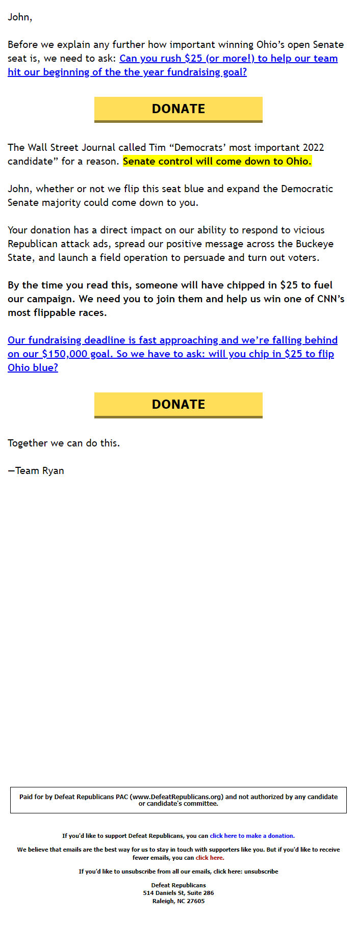 Screenshot of the email generated on import