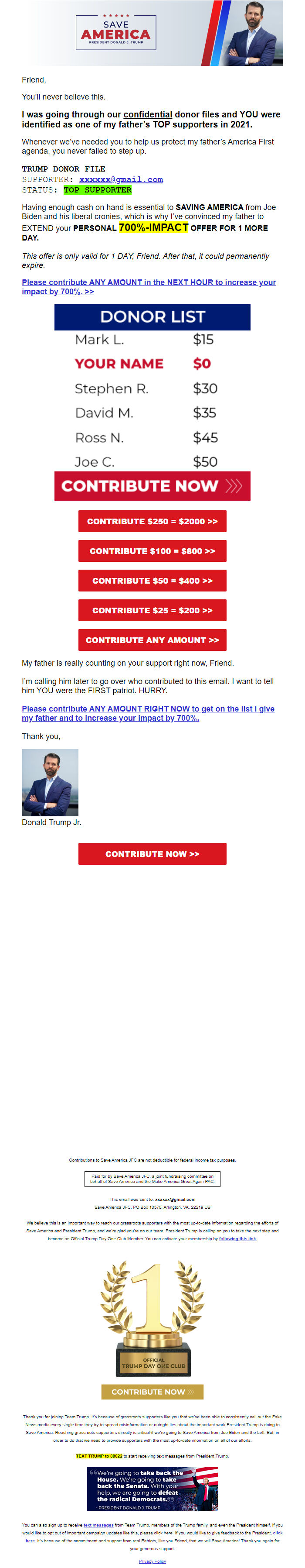 Screenshot of the email generated on import