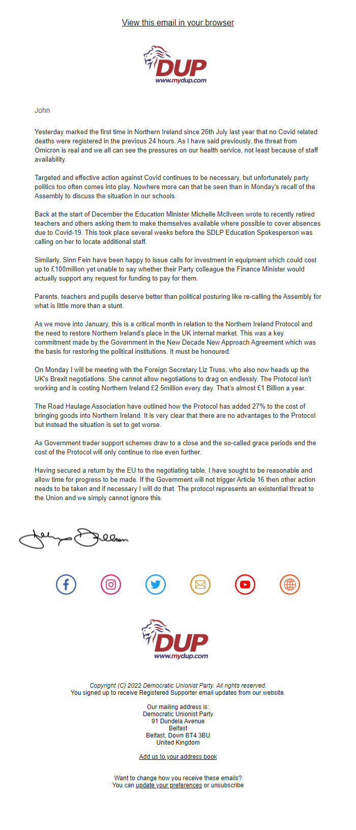 Screenshot of the email generated on import