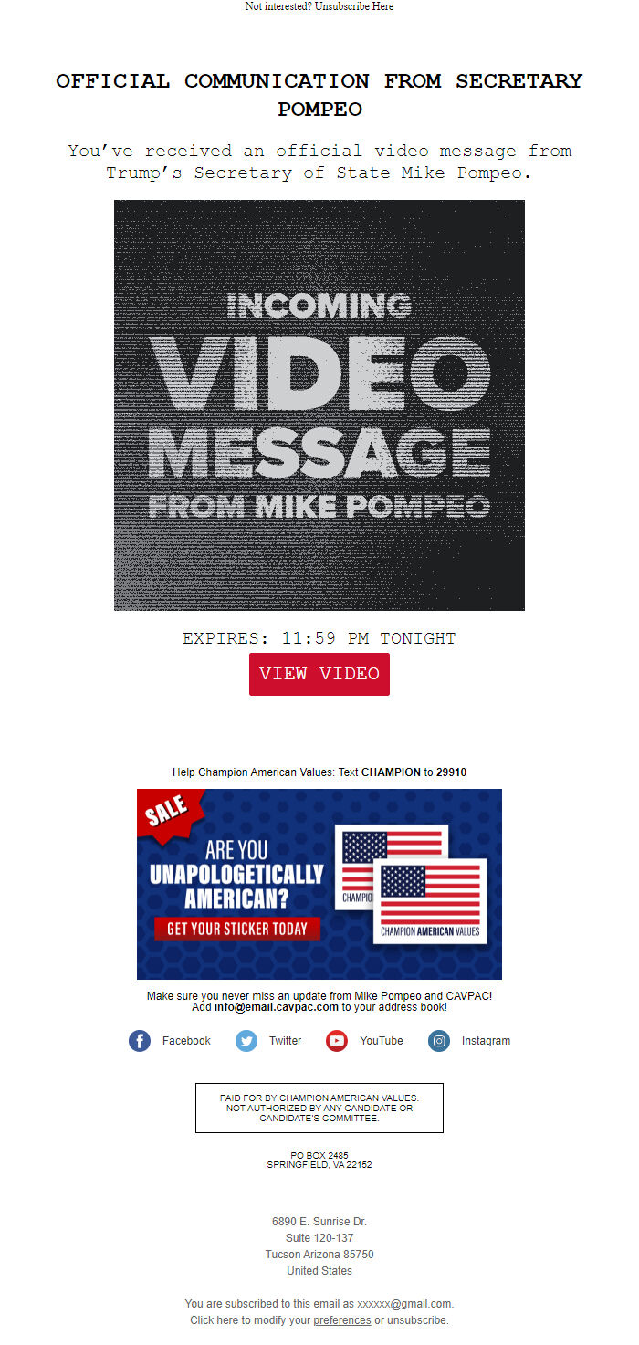 Screenshot of the email generated on import