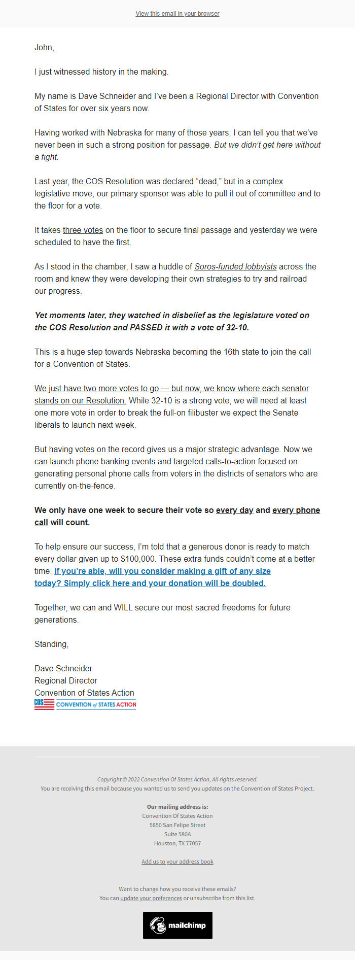Screenshot of the email generated on import
