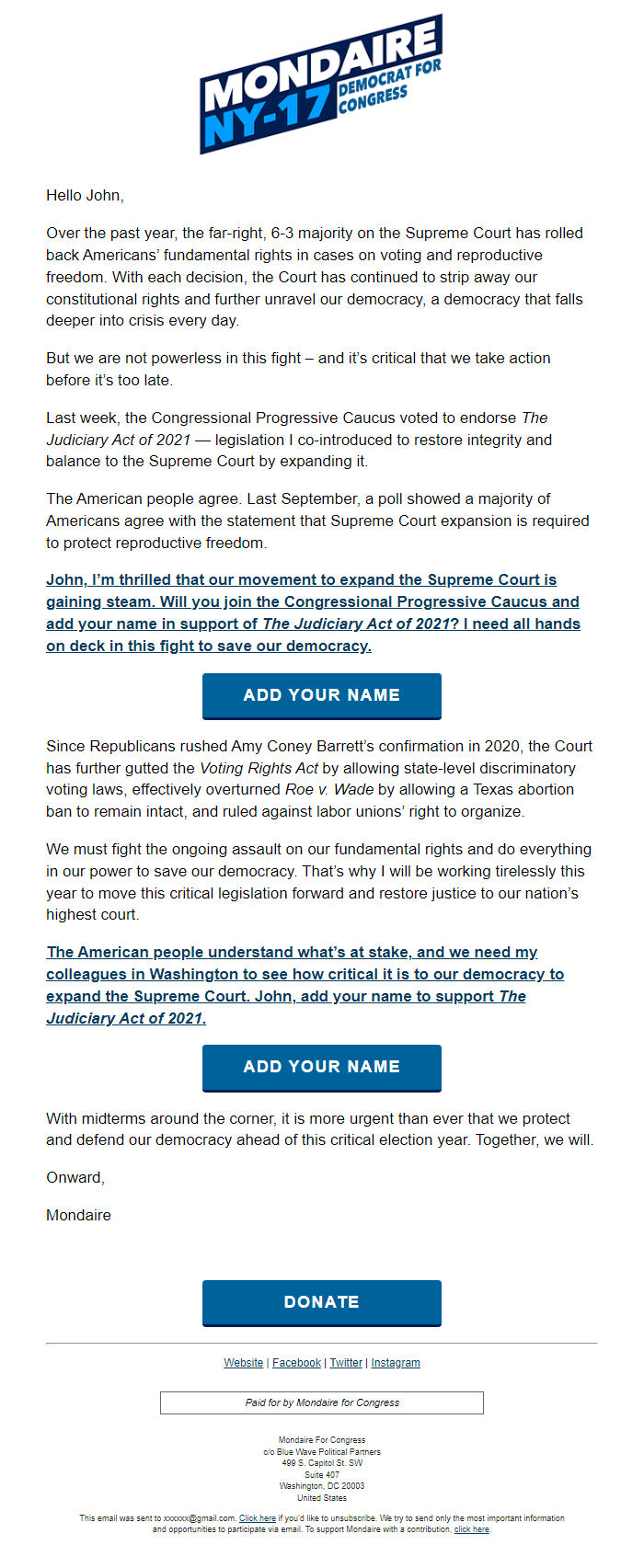 Screenshot of the email generated on import