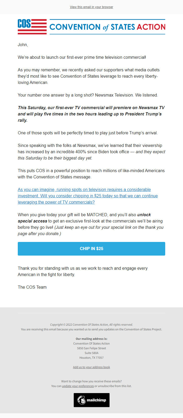 Screenshot of the email generated on import