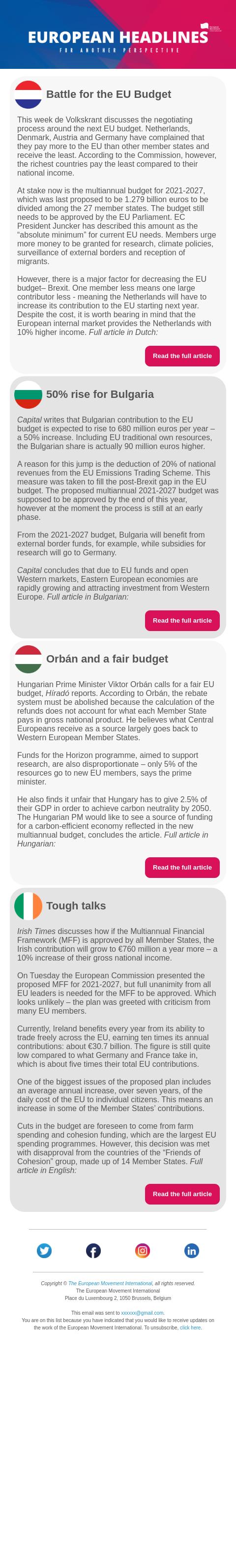 Screenshot of the email generated on import