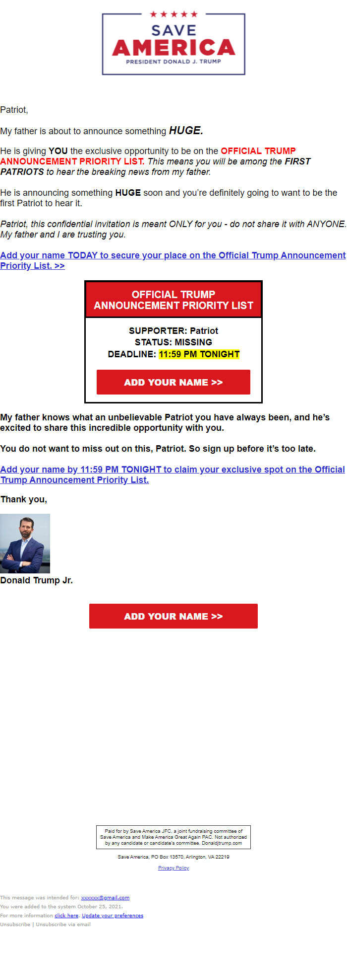 Screenshot of the email generated on import