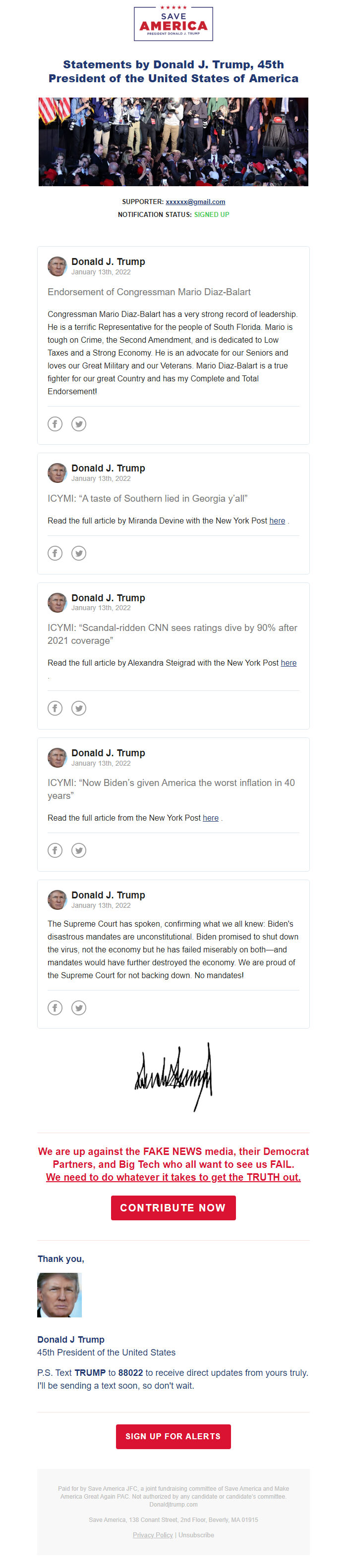 Screenshot of the email generated on import