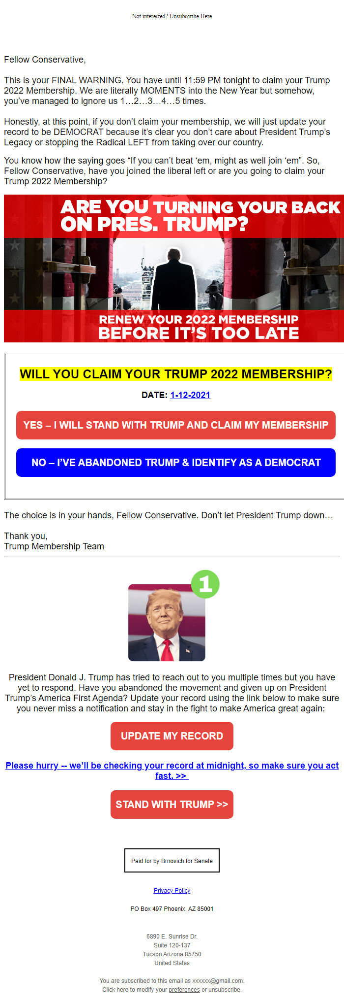 Screenshot of the email generated on import