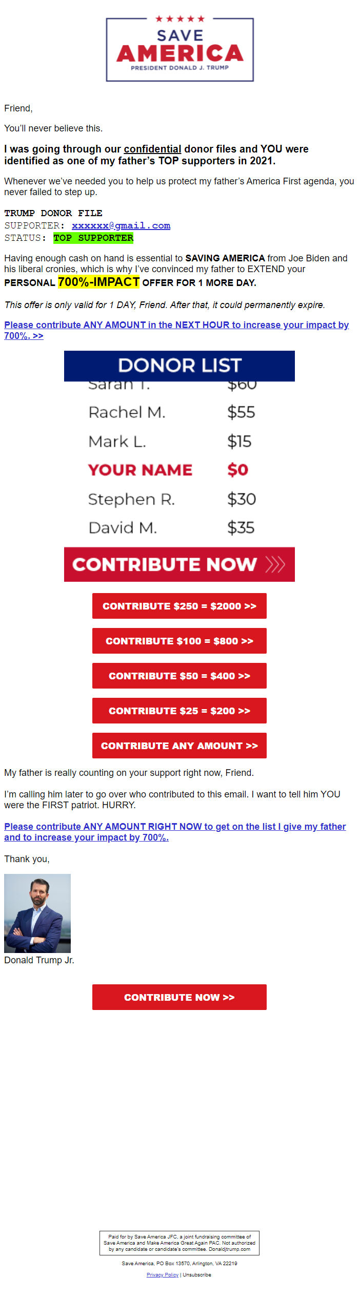 Screenshot of the email generated on import