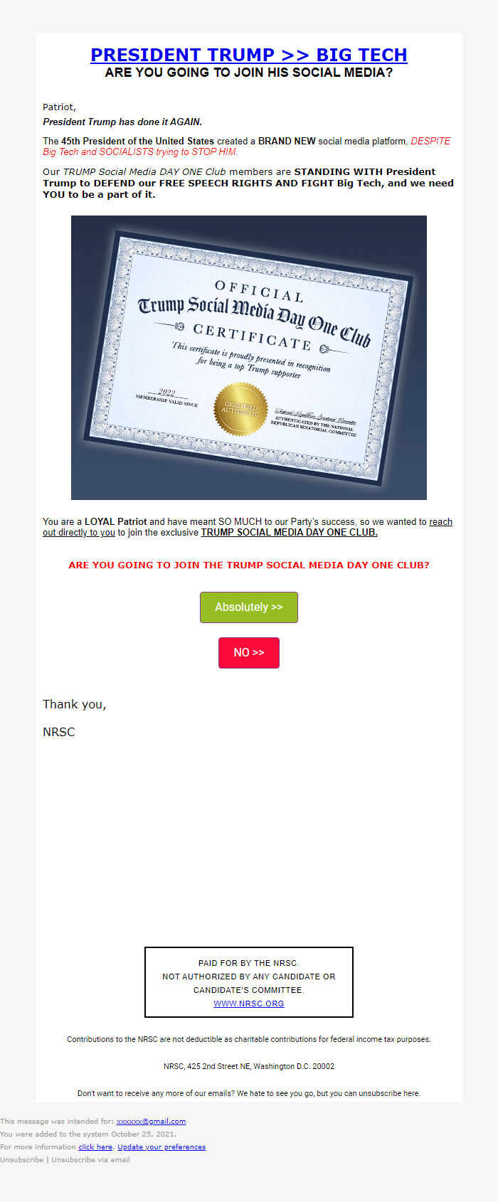 Screenshot of the email generated on import