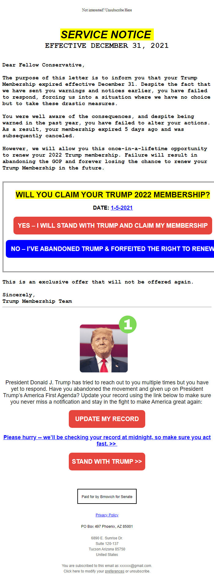 Screenshot of the email generated on import