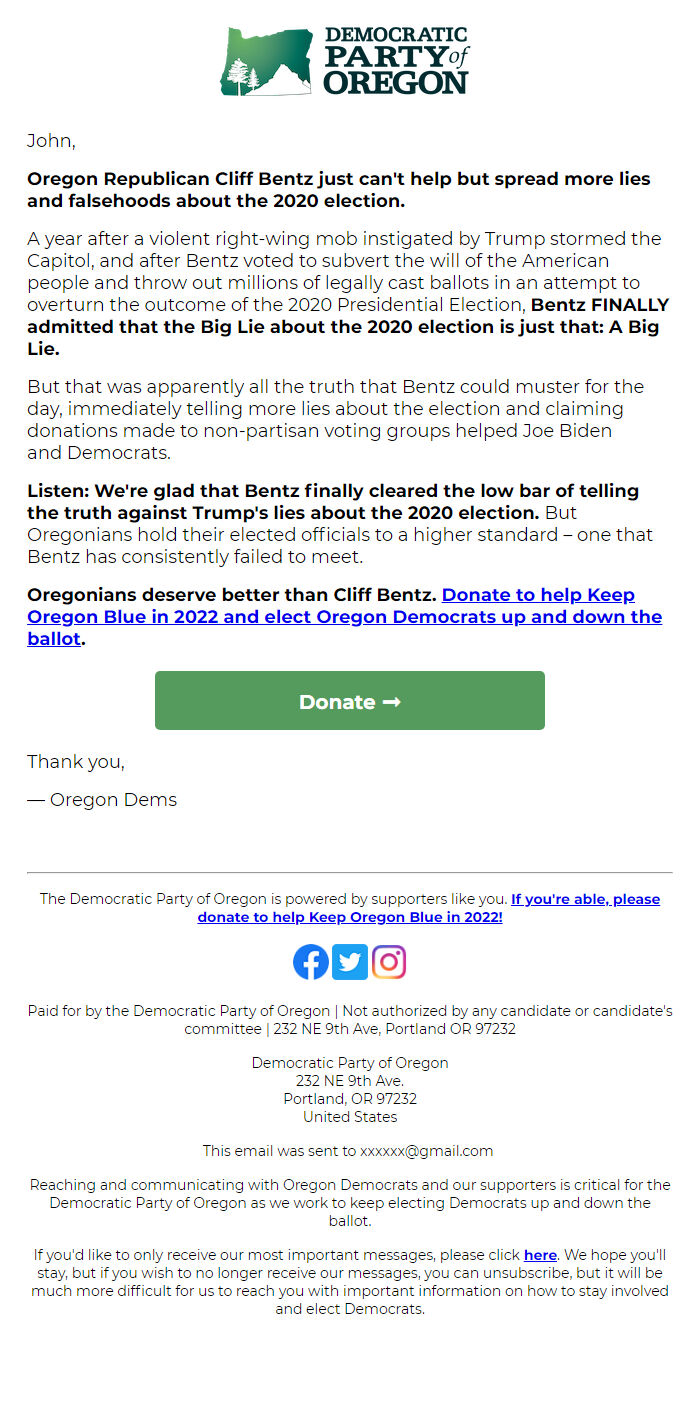 Screenshot of the email generated on import