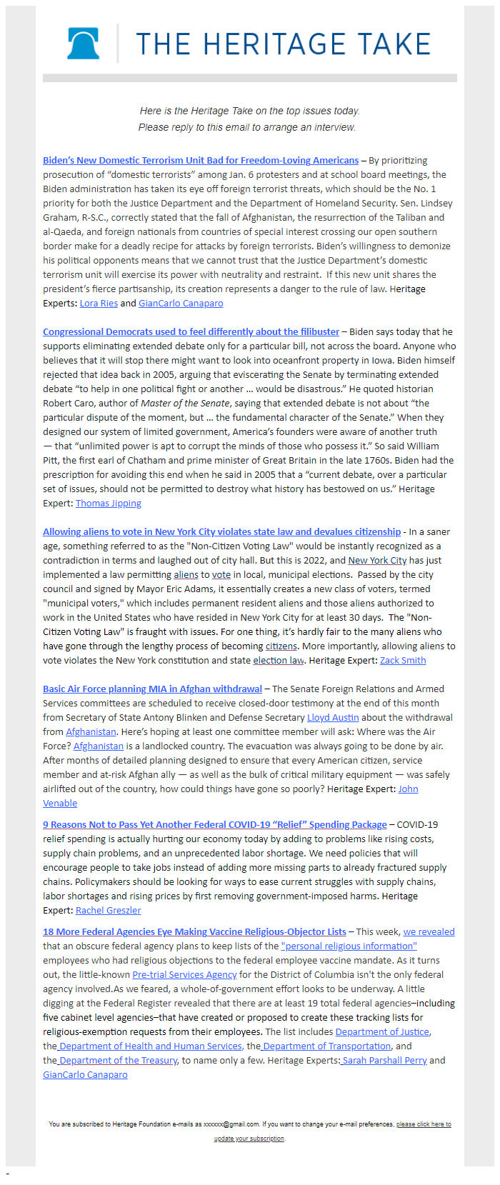 Screenshot of the email generated on import