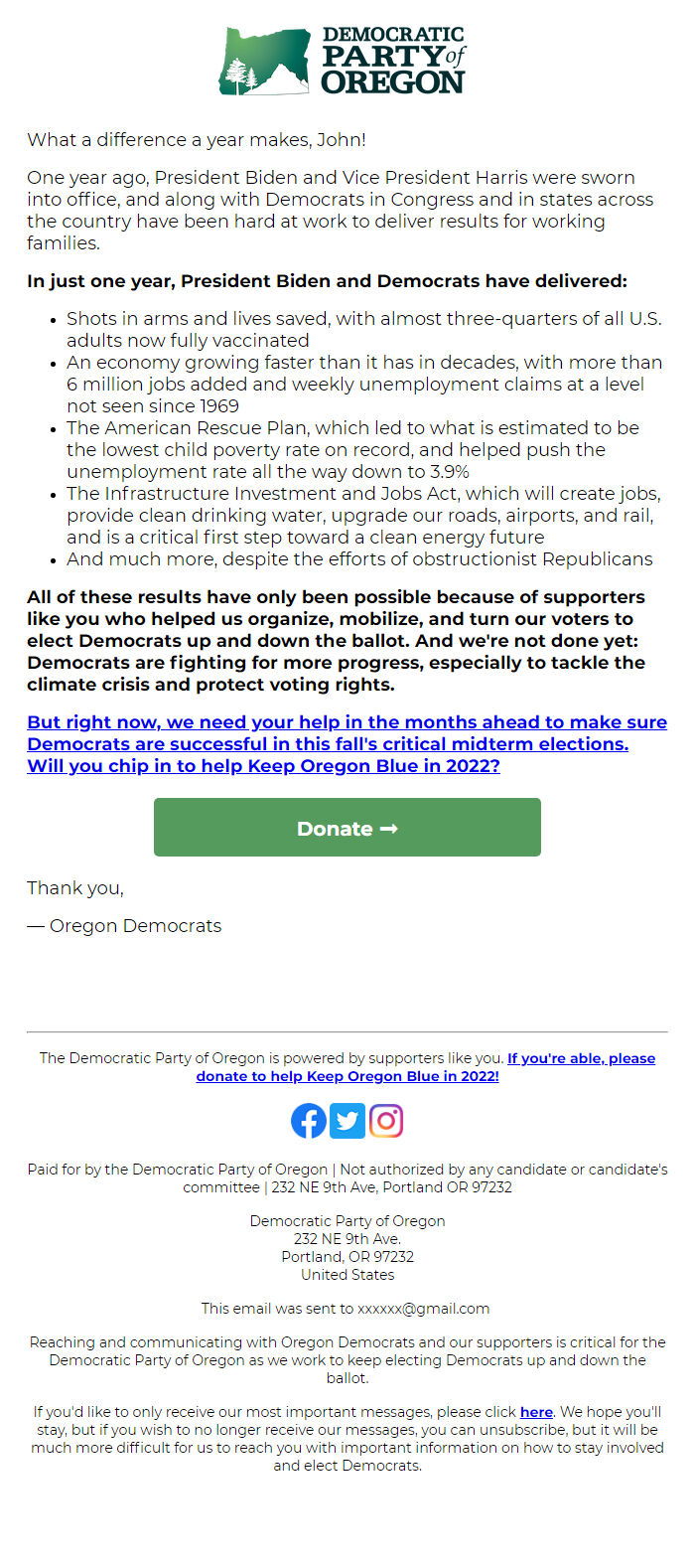 Screenshot of the email generated on import