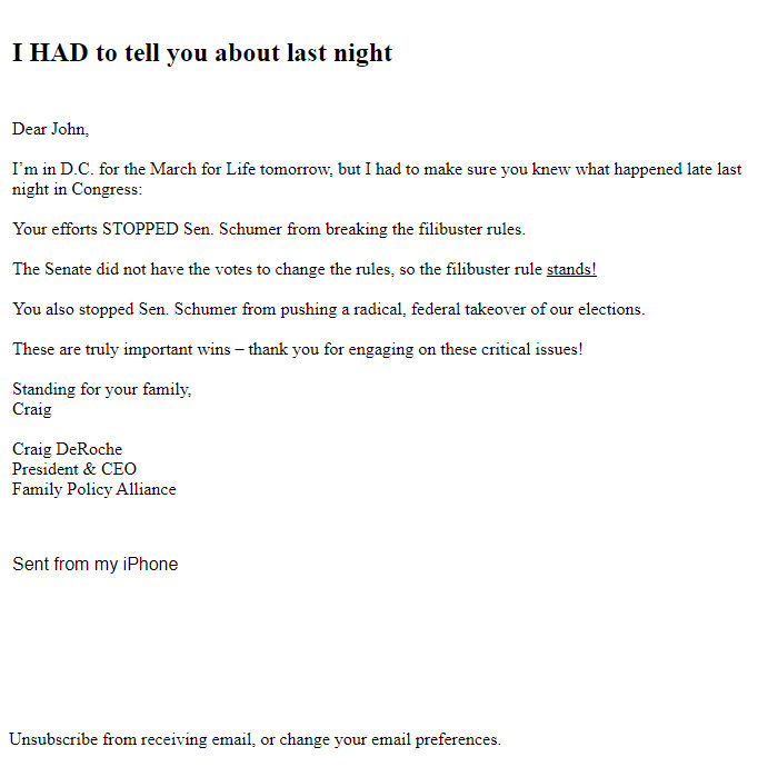 Screenshot of the email generated on import