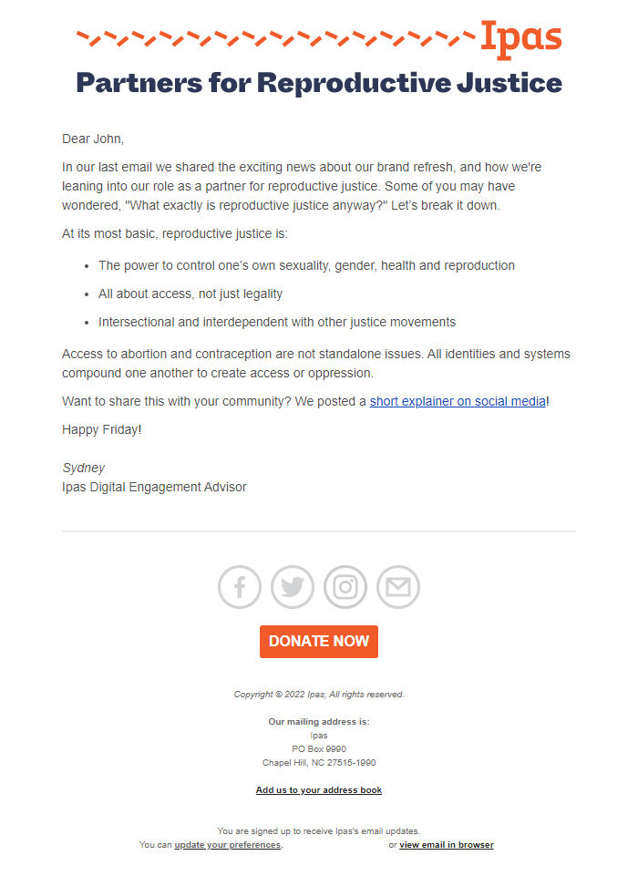 Screenshot of the email generated on import