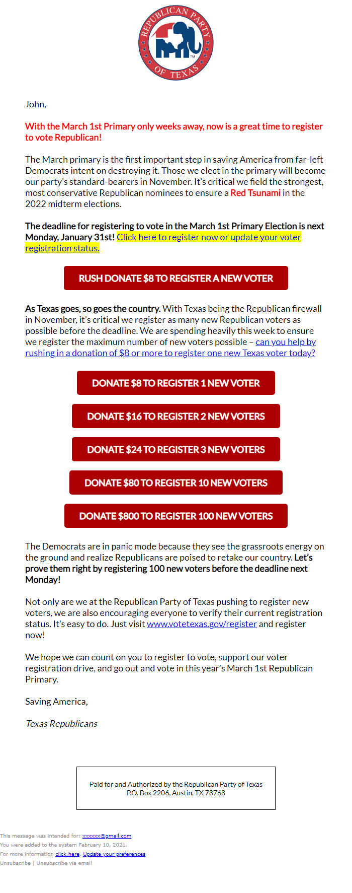 Screenshot of the email generated on import