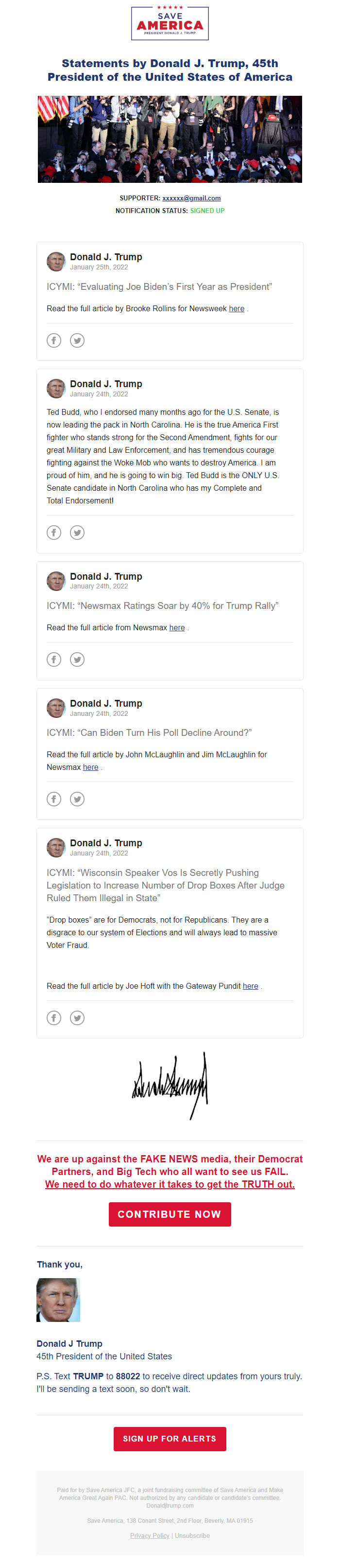 Screenshot of the email generated on import