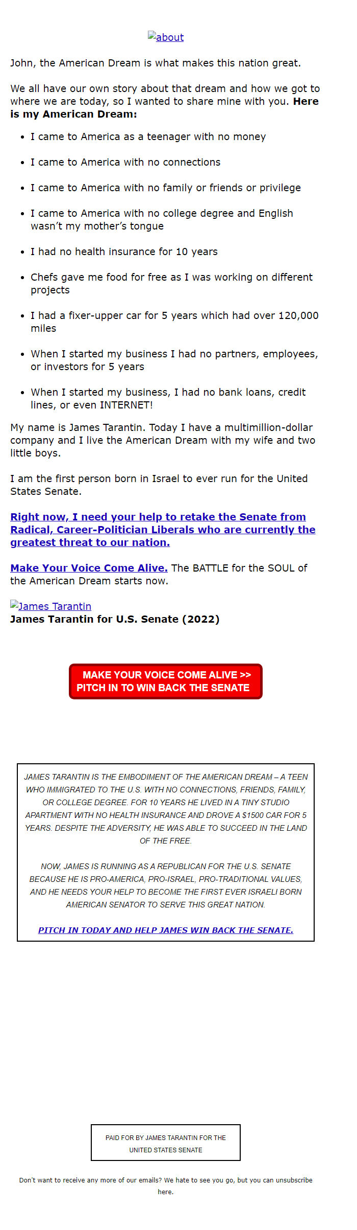 Screenshot of the email generated on import