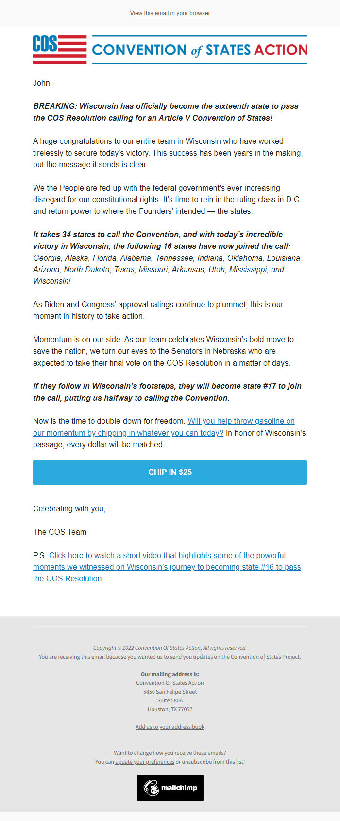 Screenshot of the email generated on import