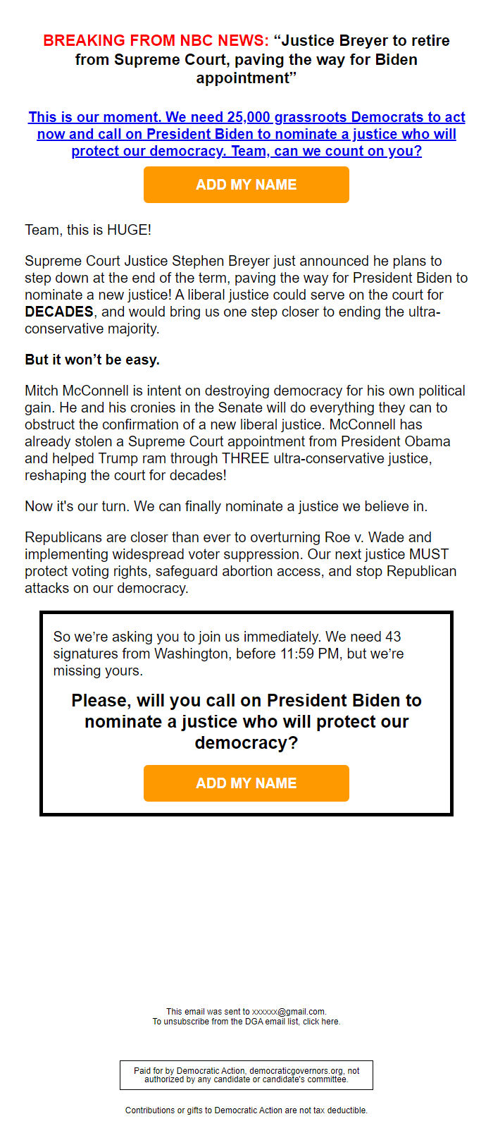 Screenshot of the email generated on import