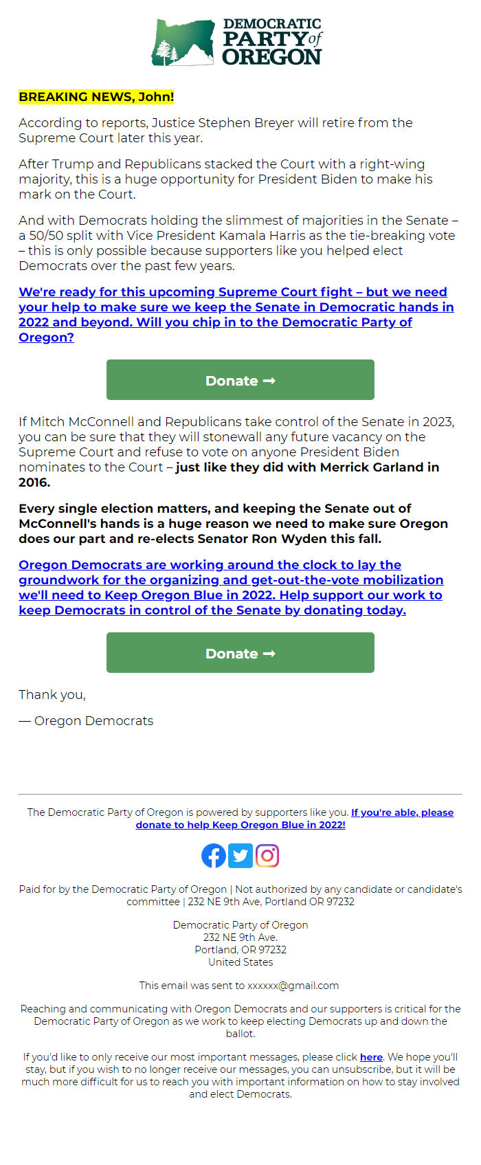 Screenshot of the email generated on import