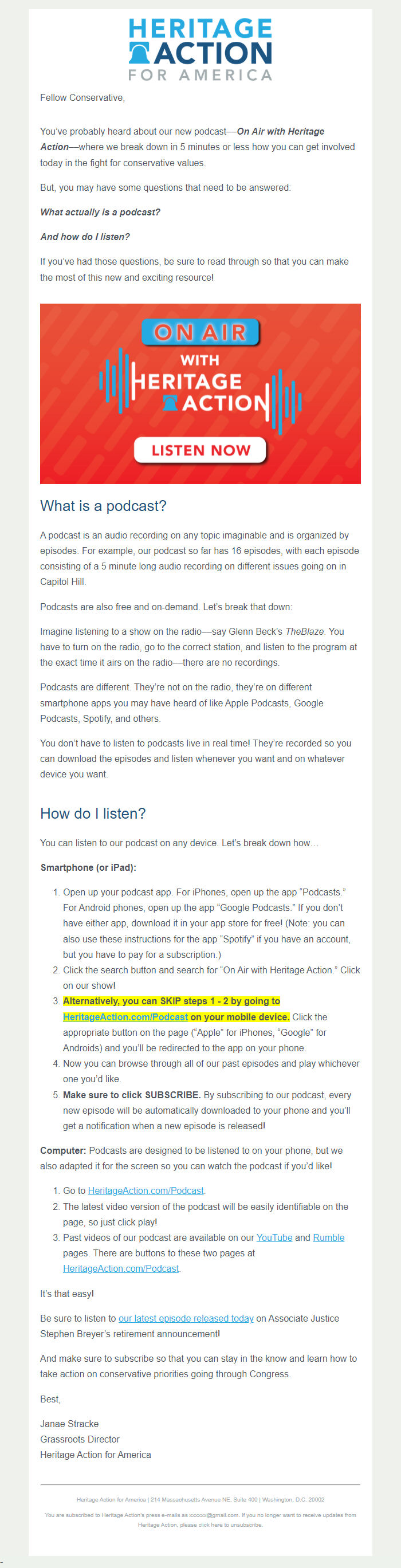 Screenshot of the email generated on import