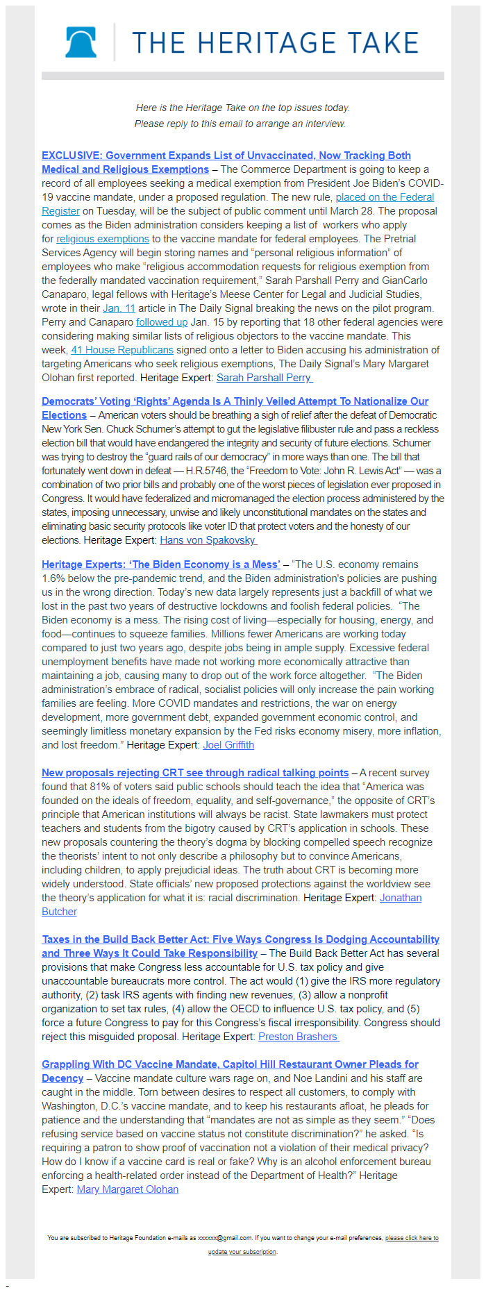 Screenshot of the email generated on import