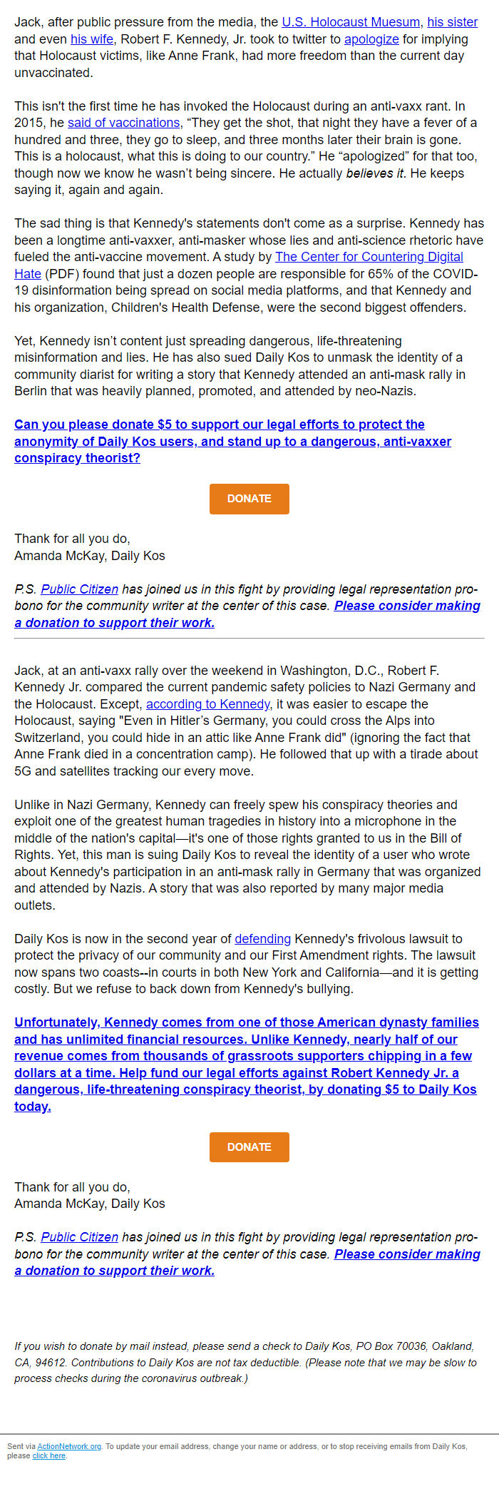Screenshot of the email generated on import