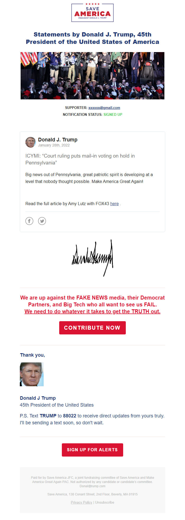 Screenshot of the email generated on import